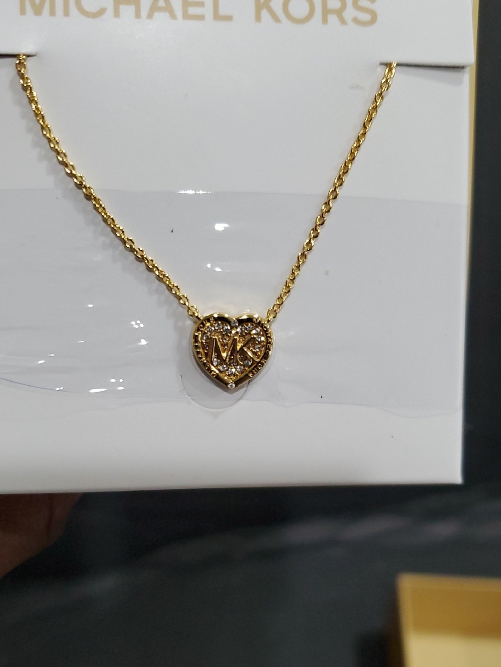 Michael Michael kors dainty‎ gold played pave heart MK monogram pendant necklace